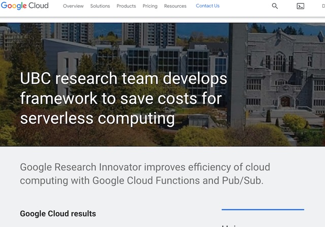 Google Cloud - UBC research team develops framework to save costs for serverless computing