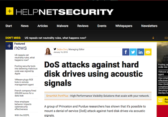 HelpNetSecurity's coverag of our HDD acoustic attacks study