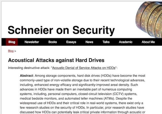 The coverag of our HDD acoustic attacks study by Schneier on Security blog